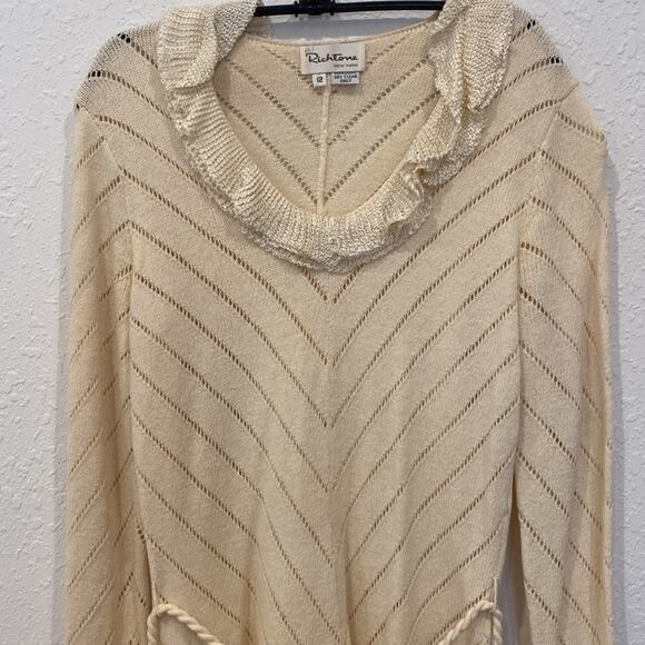 Vintage Richtone New York Cream Knit Midi Chevron Dress Ruffles Sz Small - Picture 2 of 11